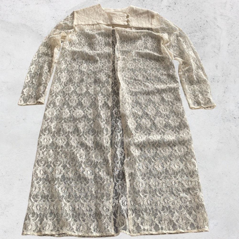 Toni Todd Vintage Cream Floral Lace Sheer Duster Cardigan Large Long Sleeve